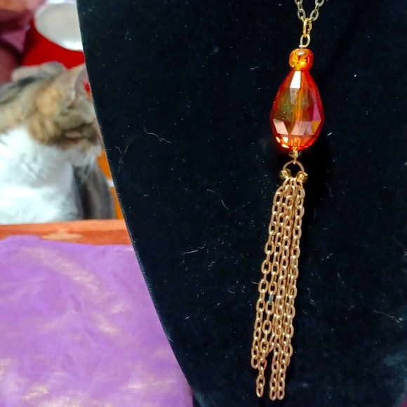 Gold tassel pendant necklace golden bead amber glass honey orange chain handmade - Picture 7 of 7